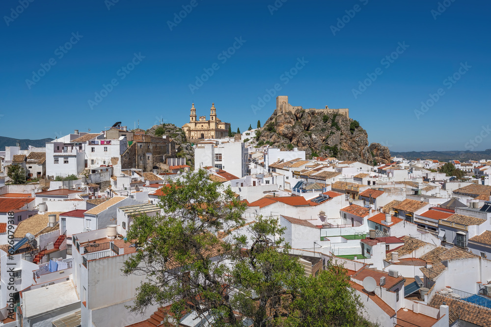 Olvera Aerial view from Penon del Sagrado Corazon with Church and Castle - Olvera, Andalusia, Spain