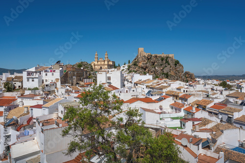 Olvera Aerial view from Penon del Sagrado Corazon with Church and Castle - Olvera, Andalusia, Spain