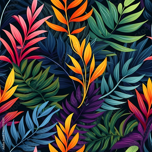 full color tropical leaves flat design seamless pattern