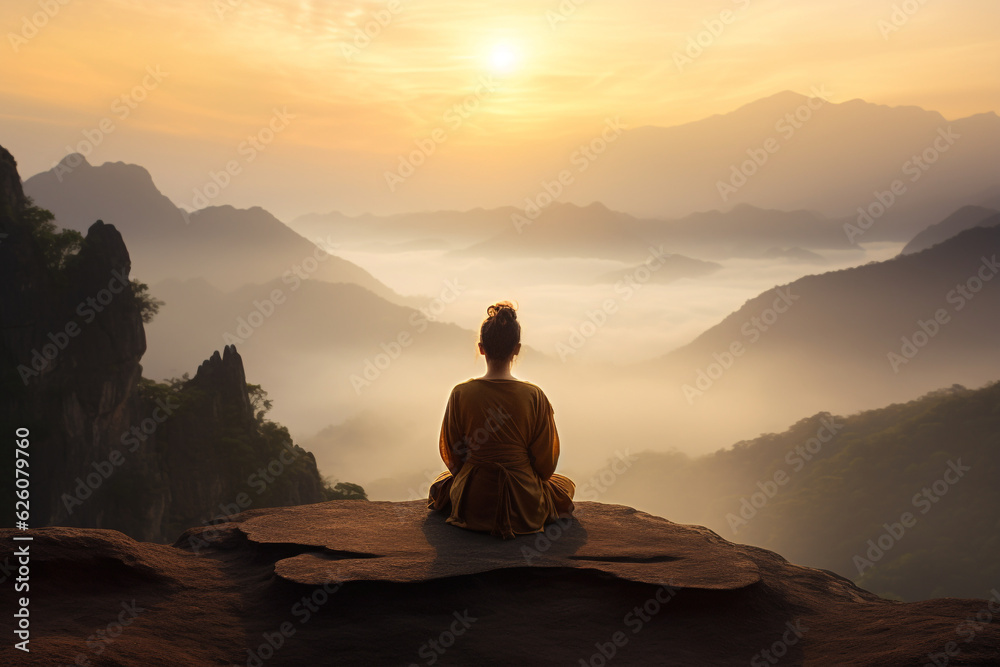 Woman meditating on a mountain peak, while sunrise illuminating the valley. Generative AI