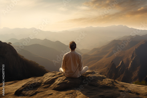 Man meditating on a mountain peak, while sunrise illuminating the valley. Generative AI