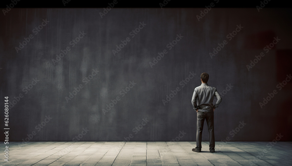 Illustration of man standing looking at wall in chalkboard style. Man looking at empty blackboard. Empty blackboard to write whatever you want. Realistic 3D illustration. Generative AI Illustration of man standing looking at wall in chalkboard style. Man looking at empty blackboard. Empty blackboard to write whatever you want. Realistic 3D illustration. Generative AI