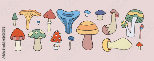 Vector doodle mushroom set, isolated fungi icon collection, retro 60s hippie print, trippy funky magic mushrooms, cartoon forest psychedelic collection