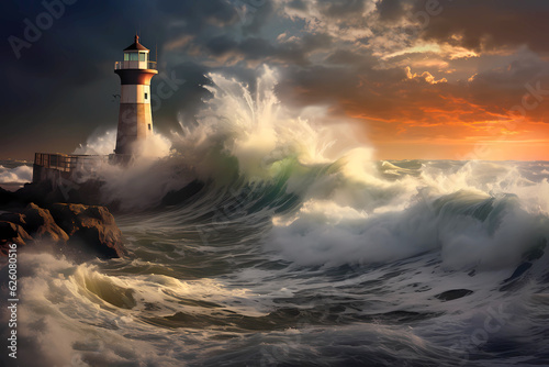 stormy giant waves crash against lighthouse late afternoon © Richard Miller