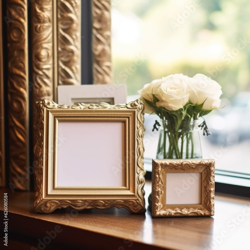 Mockup frame, Intricately designed vintage photo frame on an antique side table, epitomizing old-world charm and timeless sophistication. Generative AI