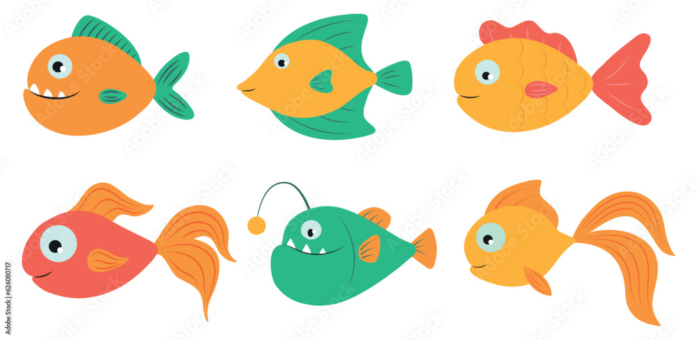 Fototapeta premium Cute tropical colored fish set isolated on white background. Funny cartoon pet. Exotic aquarium sea animals. Kid design