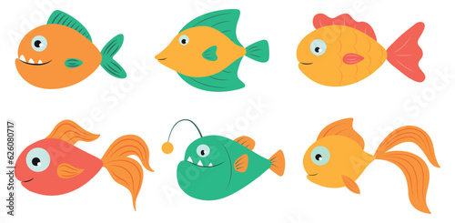 Cute tropical colored fish set isolated on white background. Funny cartoon pet. Exotic aquarium sea animals. Kid design