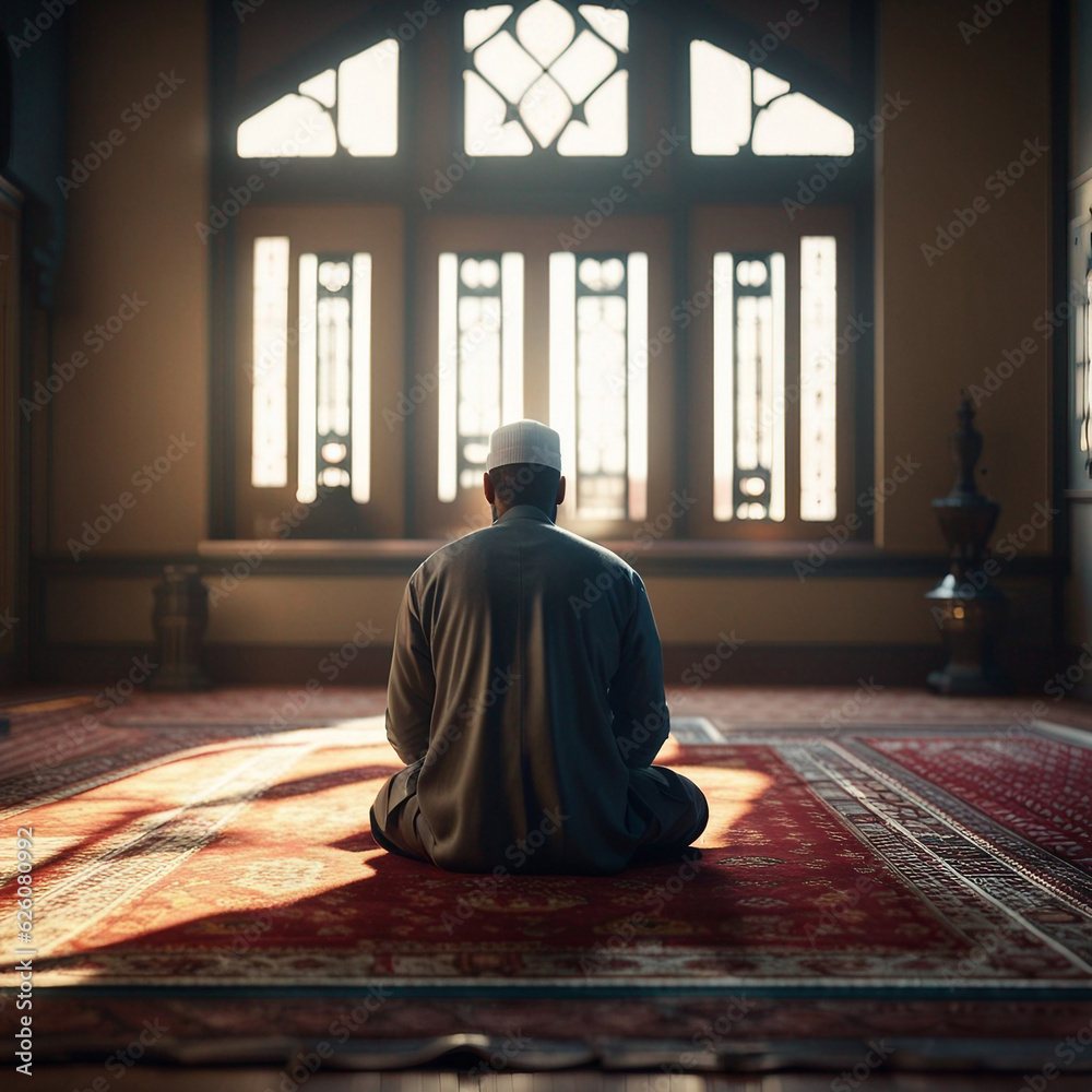 Muslim man sitting on prayer mat in mosque Muslim man sitting on prayer mat in mosque