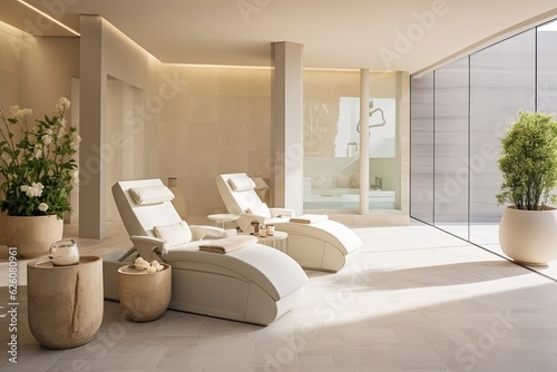 The beautiful, contemporary white interior of spa with big windows, luxurious furniture and artwor