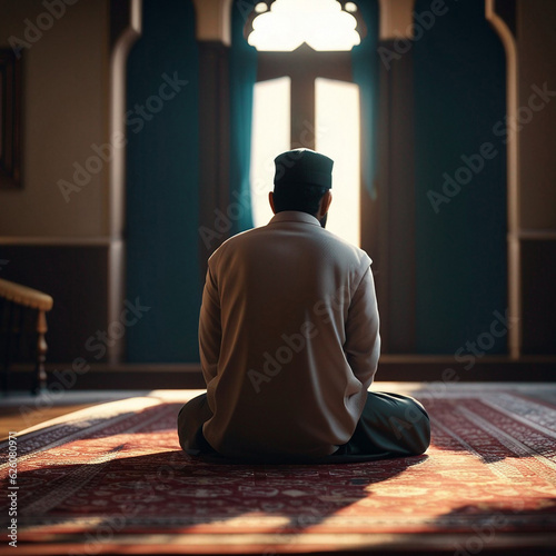 Muslim man sitting on prayer mat in mosque