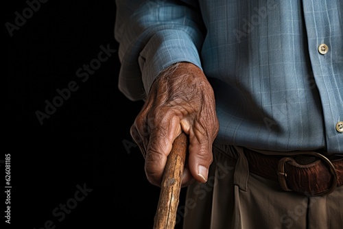 Close-up of the hands of an old man holding a cane.old man holding a cane. ai generative © InfiniteStudio