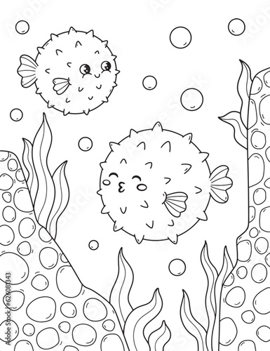 Black and white page for baby coloring book. Illustration of cute fishes swimming underwater. Printable for kids. Worksheet for children and adults. Hand-drawn vector image. Fish puffer coloring pages