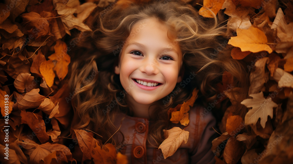 A Young Girl Laughing in a Pile of Autumn Leaves