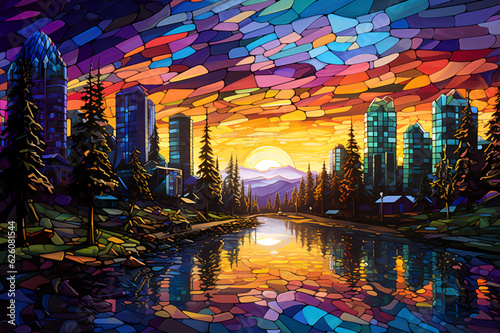 A neon-brigjht cubist cityscape under an evergreen sunset. The buildings are sculpted from polished  crystalline solar panels that refract prismatic light.