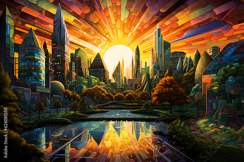 A neon-brigjht,cubist cityscape under an evergreen sunset. The buildings are sculpted from polished, crystalline solar panels that refract prismatic light.