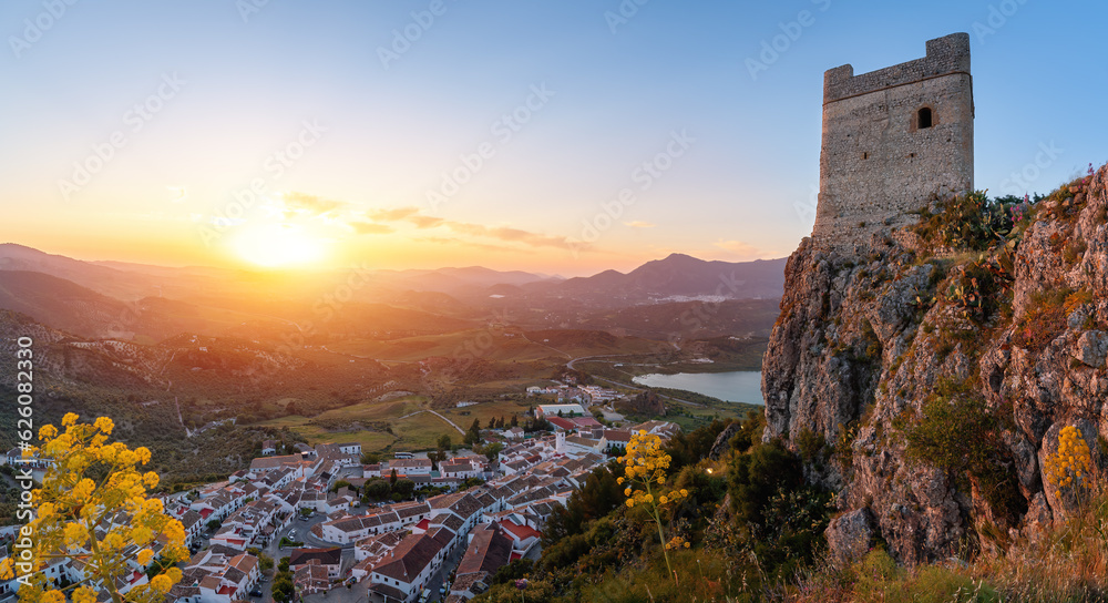 Panoramic Aerial view with Zahara de la Sierra Castle Tower at sunset - Zahara de la Sierra, Andalusia, Spain