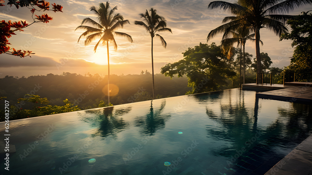 Infinity pool in Bali resort at evening