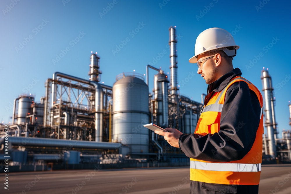 engineers in uniform walk and holding tablet checking in oil refinery field in morning,. High quality illustration engineers in uniform walk and holding tablet checking in oil refinery field in morning,. High quality illustration