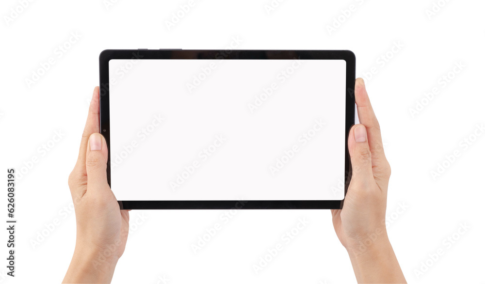 Female hand holding tablet on white background. Female hand holding tablet on white background.