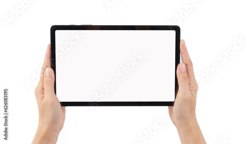 Female hand holding tablet on white background.