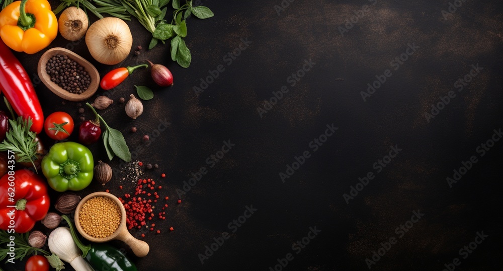 Vegetables set and spices for cooking on dark background Vegetables set and spices for cooking on dark background