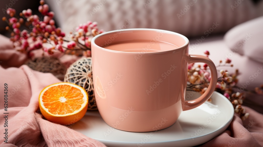 Autumn coffee mug in a decorated room. Generative AI. Autumn coffee mug in a decorated room. Generative AI.