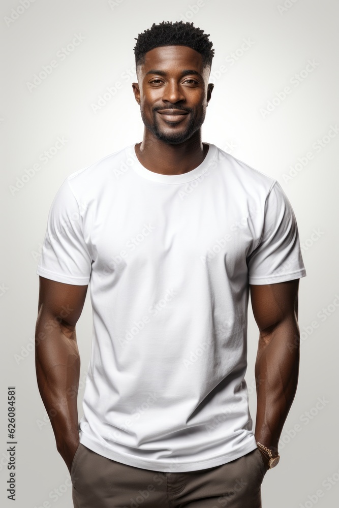 A young African American man wearing a plain white shirt with simple background. Generative AI. A young African American man wearing a plain white shirt with simple background. Generative AI.