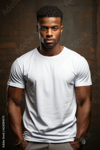 A young African American man wearing a plain white shirt with simple background. Generative AI. 