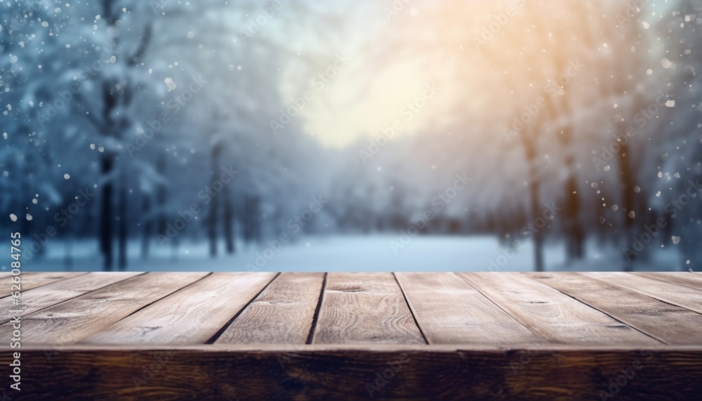 Empty Wooden table in front of winter landscape blurred background Empty Wooden table in front of winter landscape blurred background