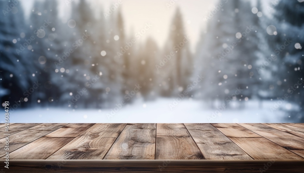 Empty Wooden table in front of winter landscape blurred background Empty Wooden table in front of winter landscape blurred background