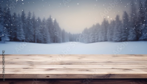 Empty Wooden table in front of winter landscape blurred background © xaan