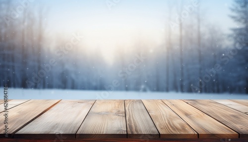 Empty Wooden table in front of winter landscape blurred background