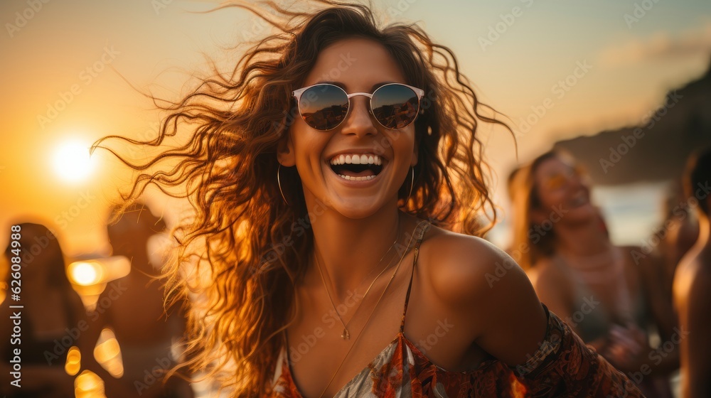 Beautiful young woman splashes water and takes a selfie in the sea with blue sea sunset view on summer vacation. Healthy lifestyle happiness