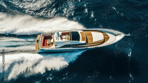 Boat with wedding concept, top view. Turquoise sea and a lovely boat. Generative AI
