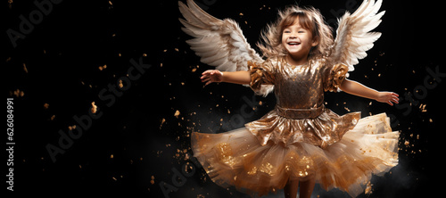 A beautiful angel girl with angelic wings and a golden outfit smiles as she flies against a black background