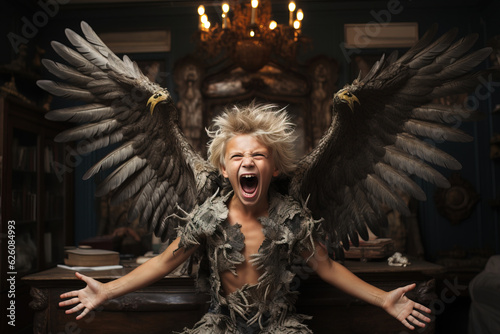 A blonde angelic boy with black wings and black clothing shouts with arms wide open in a dark office as he spreads his angelic wings photo