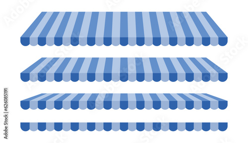 Shop roof. Blue striped street food, restaurant, market stall, shop roof, tent, canopy, awning illustration set.