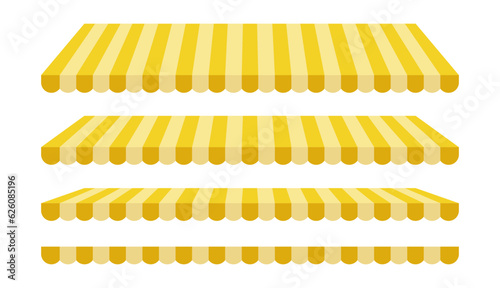 Shop roof. Yellow striped street food, restaurant, market stall, shop roof, tent, canopy, awning illustration set.
