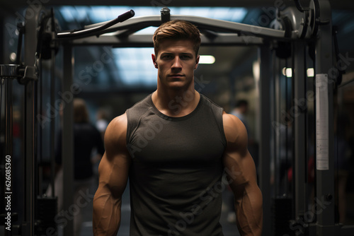 Closeup portrait of a handsome man at gym. Strong bodybuilder with six pack muscular chest and shoulders in gym. Fitness  bodybuilding and workout concept