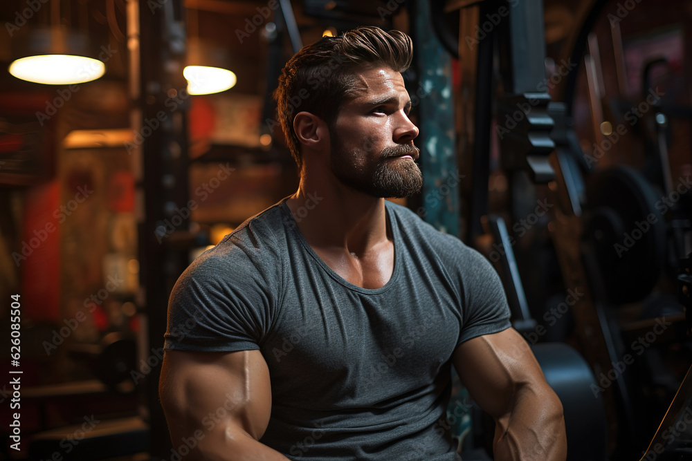 Portrait of a handsome man on a background of gym. Face of brutal muscular sexy men in fitness gym