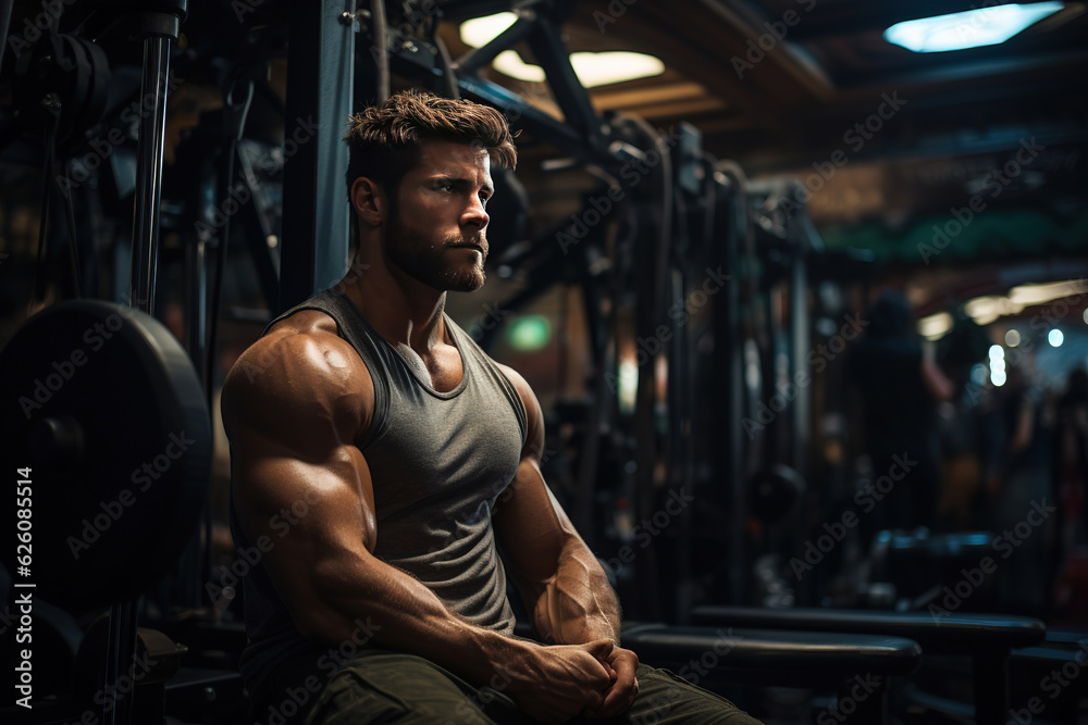 Portrait of a handsome man on a background of gym. Face of brutal muscular sexy men in fitness gym Portrait of a handsome man on a background of gym. Face of brutal muscular sexy men in fitness gym