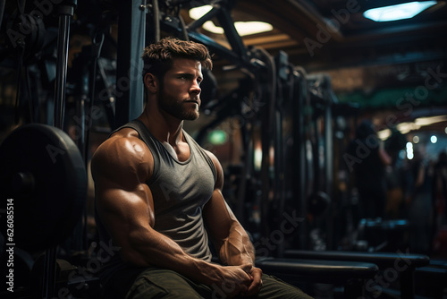 Portrait of a handsome man on a background of gym. Face of brutal muscular sexy men in fitness gym