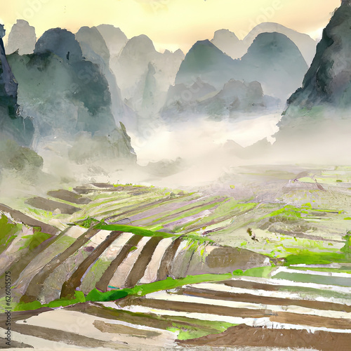 Chinese traditional watercolor of terraced rice paddies with karst mountains