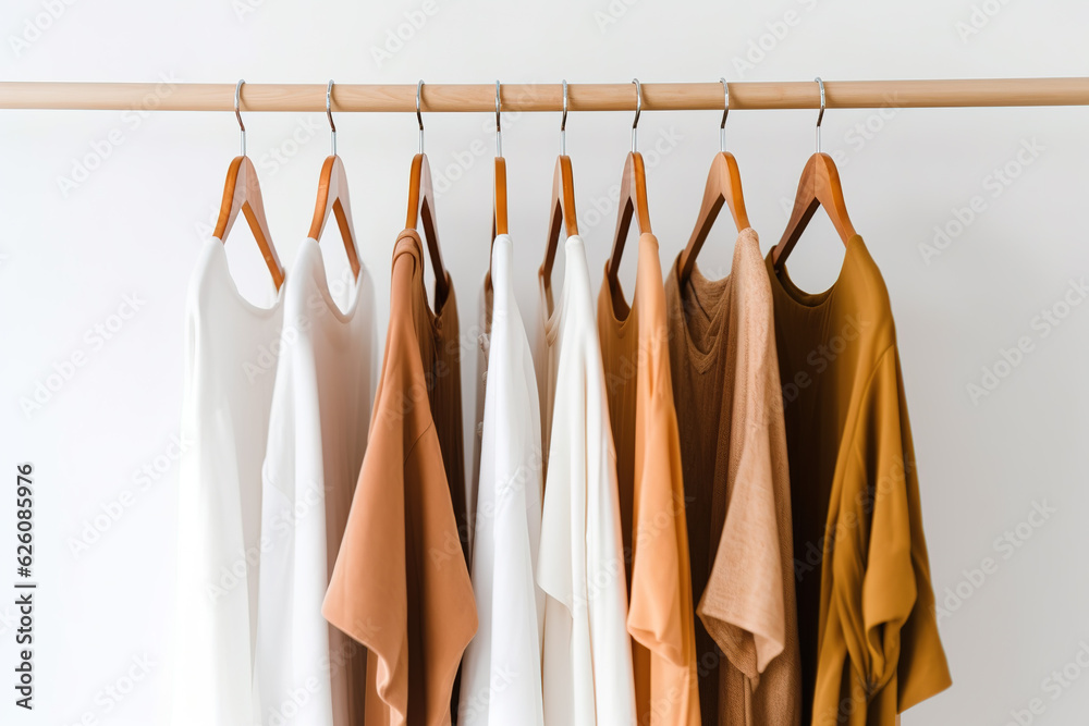 Autumn clothes hanging on a rack, warm pastel colors. Fashion, shopping concept, AI generative, illustration