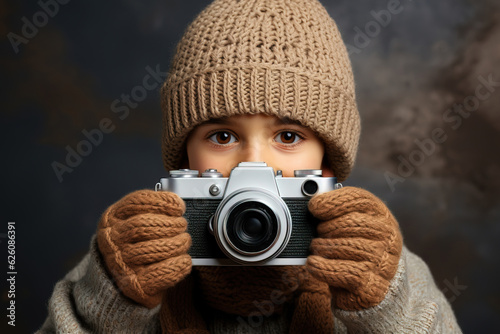 A young photographer boy wearing woolen gloves and a woolen cap, looking at the camera while holding his old analog camera. Studio portrait with a gray background