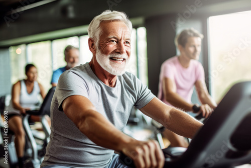 Portrait of senior man training on stationary bike workout in gym. Concept senior active lifestyle. Generative Ai © bluebeat76