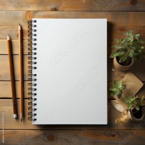An open sketch book with a plain white page sitting on a desk with pencils. Generative AI. 