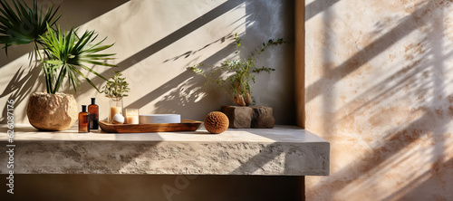 Modern empty pastel brown concrete counter table top in sunlight, palm leaf shadow on stucco texture wall for luxury organic cosmetic, skincare, beauty treatment product display background 3D