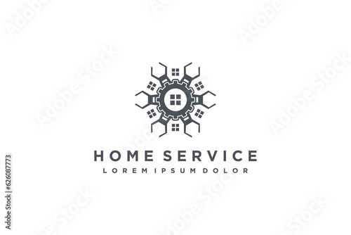 Ornament house rounded with spanner wrench element real estate repair service logo design