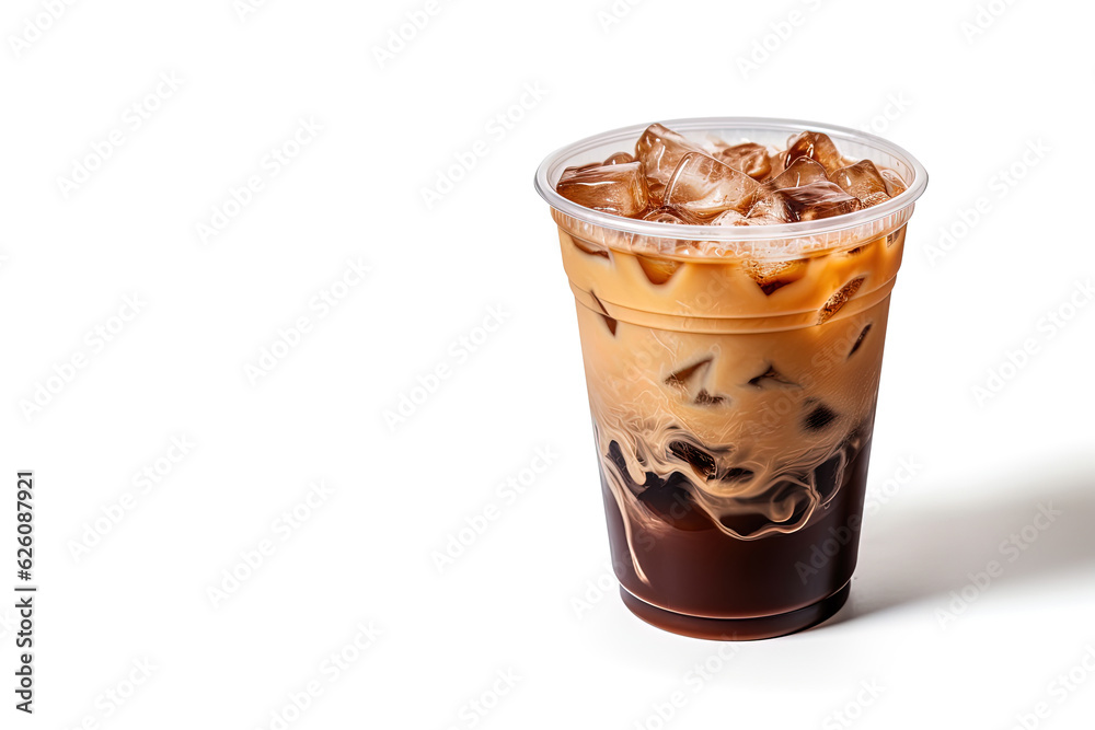 Iced coffee in plastic takeaway glass isolated on white background with copy space Iced coffee in plastic takeaway glass isolated on white background with copy space